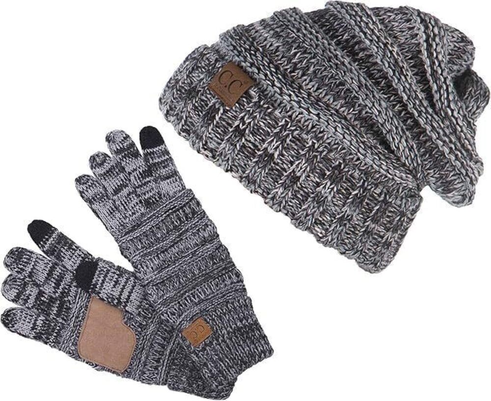 9617 Matching 2 Pack Oversized Beanie and Lined Gloves - 4-Tone Grey #31